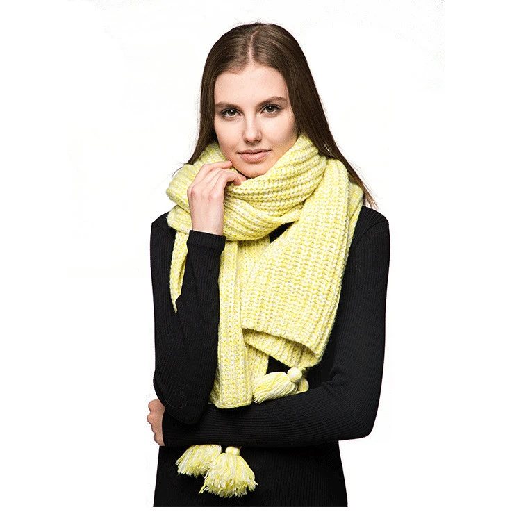 Fashion Women Winter 30% Wool Lemon Yellow  Knitting Scarf Made In China For Winter With Ball Pom