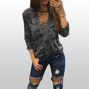 Fast delivery slouchy grey camouflage blouses for women summer 2017