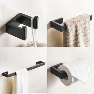 FLG:GB124 Hotel Modern Wall Mounted 304 Stainless Steel Four Pieces Square Matte Black Bathroom Accessories Set