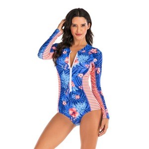 Flower print swimwear long sleeve one piece swimsuit zipper rash guard swimwear women