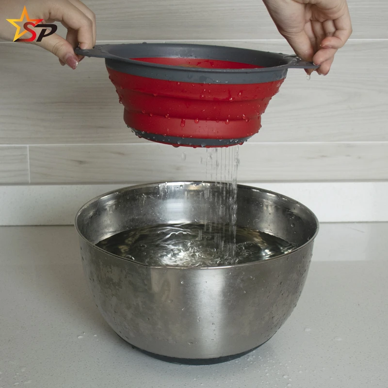 Folding Silicone Colander Fruit Vegetable Washing Basket Strainer Collapsible Drainer With Handle