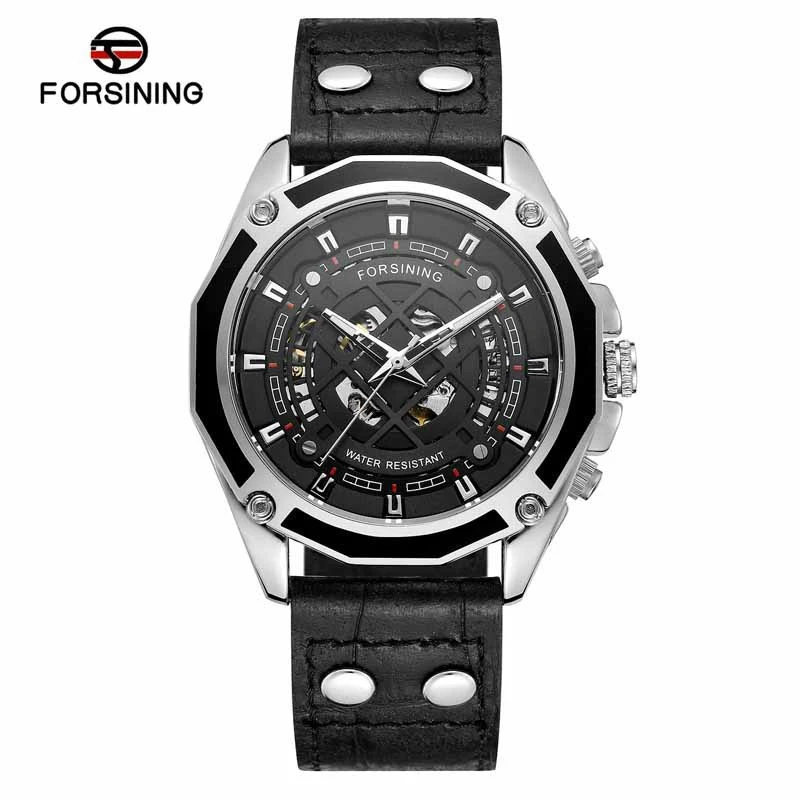 FORSINING New Automatic Mechanical Men&#39;s Fashion Casual Hollow Waterproof Leather Strap Mechanical Watch