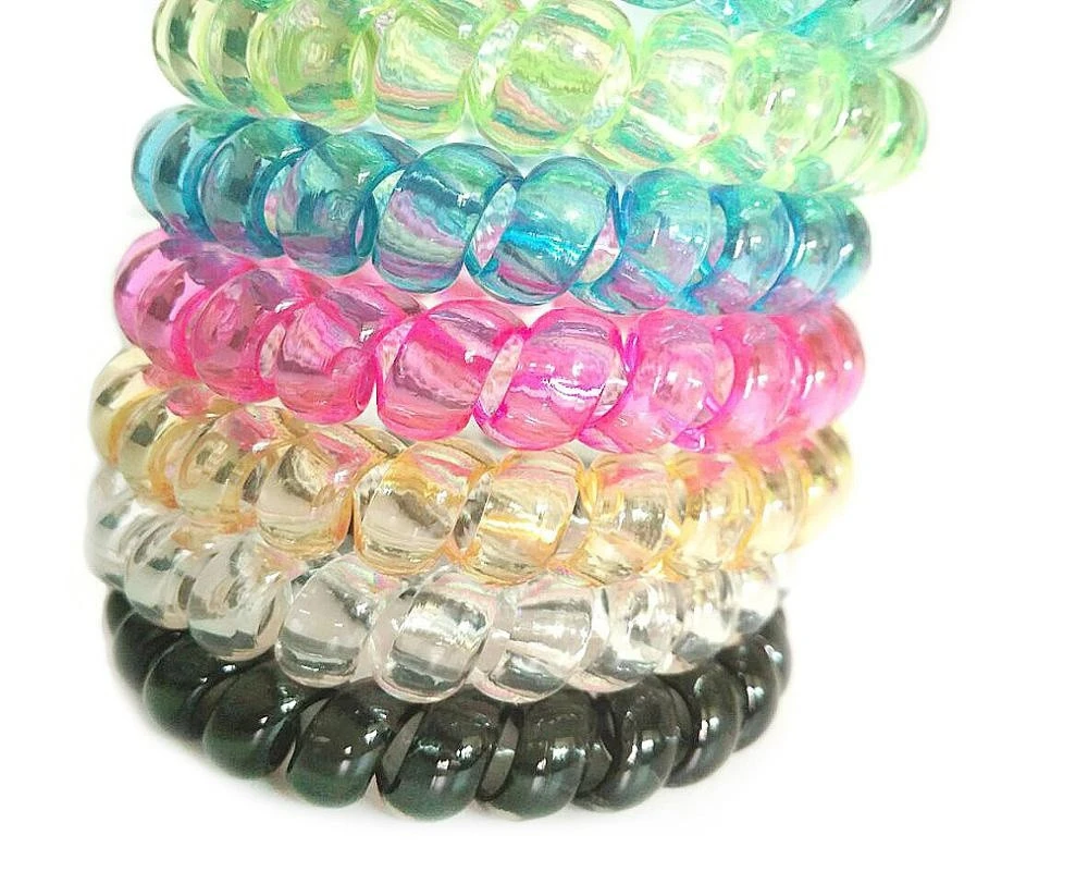 Genya plastic spiral hair ties elastic hair bands phone cord clear jelly hair coils wrist band bracelets