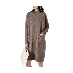 High quality basic woolen dress long sweater with half turtleneck and pocket