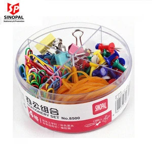 High quality low MOQ Mini office stationery set including binder clip,push pin,paper clip and rubber bands