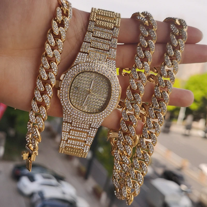 Hip Hop Ice Out CZ Gold Plated 13MM Cuban Link Bracelet Chain Necklace Watch Jewelry Set