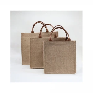 Hot Sale fashion jute tote bag,jute bag with leather handle,linen shopping bag