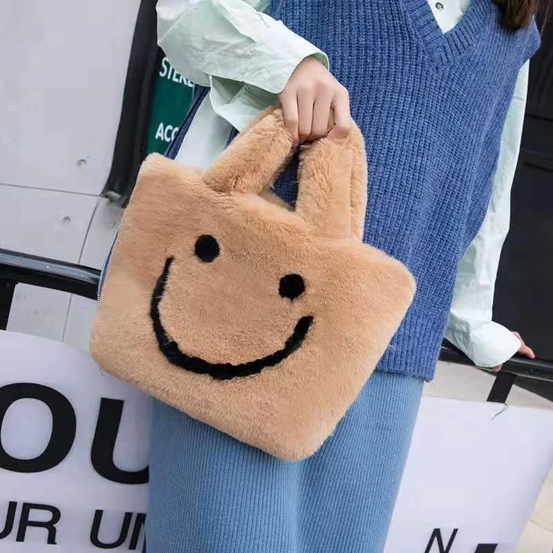 Hot Sale New Style Smile Face Faux Fur Bag Women Faux Rabbit Fur Handbag