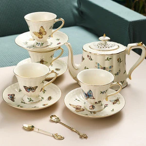 Hot Sell European flower tea coffee cup saucer set butterfly garden vintage exquisite ceramic pot