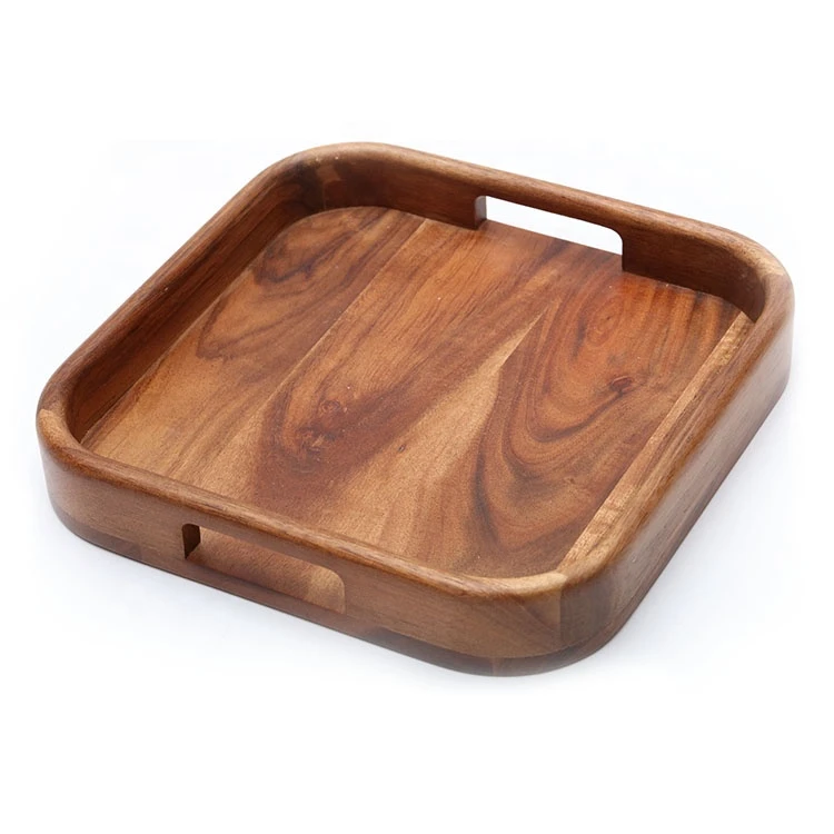 Hot Selling Wholesale Acacia Wood Square Breakfast Serving Tray with Handles