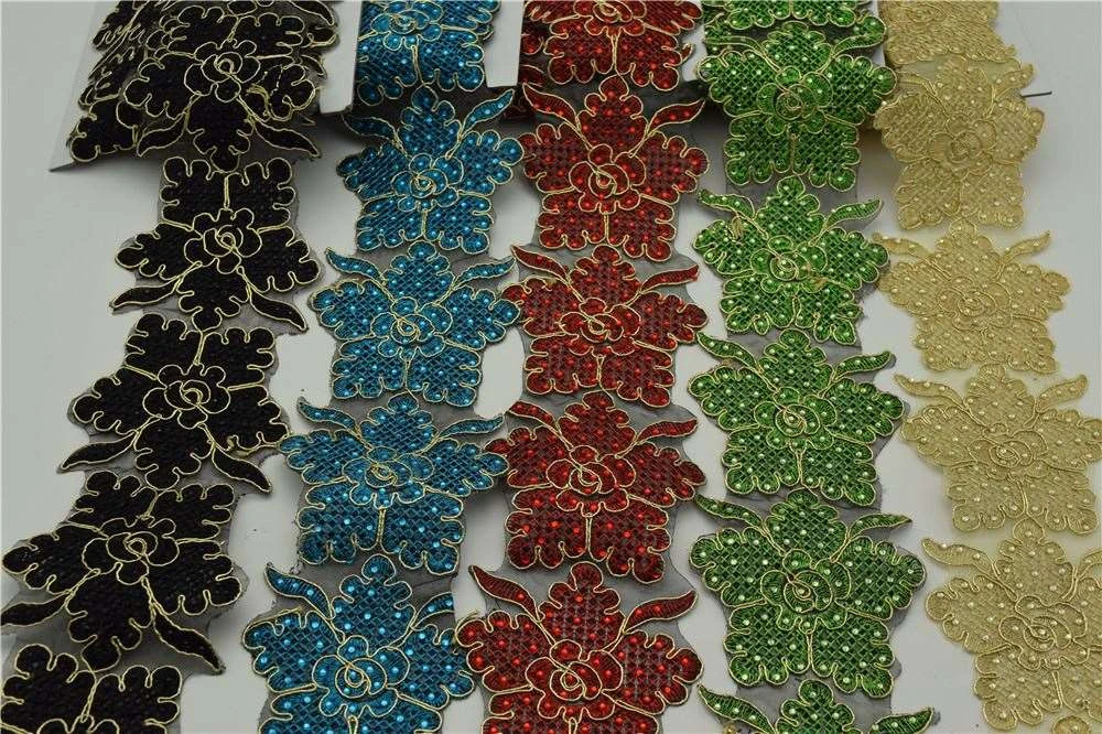iron-on hot-fix rhinestone Embroidered beads Rhinestone lace trim Bridal Wedding tulle Veil trim wide:8cm 6colors