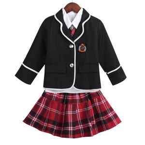 Kids Girls British Style Anime Costume Suit Long Sleeve Coat with Shirt Tie Mini Skirt Set School Uniform