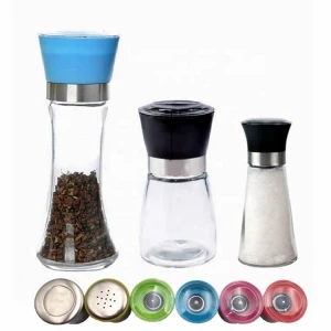 Kitchen Glass Salt and Red Pepper Mill Grinder Set with Metal Rack Stand