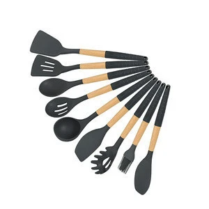 Kitchen Silicone Head Utensils Cooking Sets Wood Cooking Handle Utensil Set
