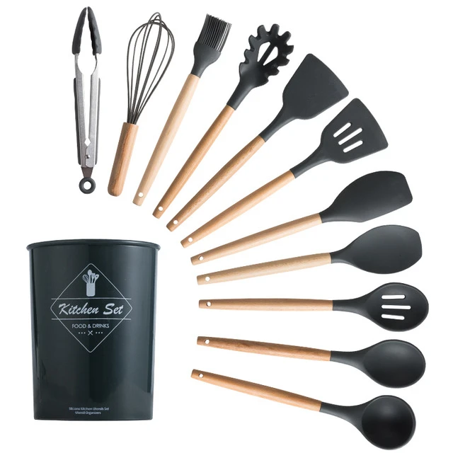 KU01 2021 High Quality Kitchen Accessories Tools Silicone Cooking Kitchen 11Pcs Wooden Utensils Sets With Logo