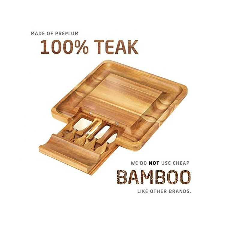 Large Bamboo Wood Cutting Boards 100% Teak Cheese Board and Knife Set