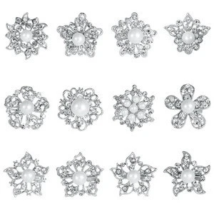 Lot 12 pcs Clear Rhinestone Crystal and Pearl Flower Brooches Pins Set DIY Wedding Bouquet Broaches