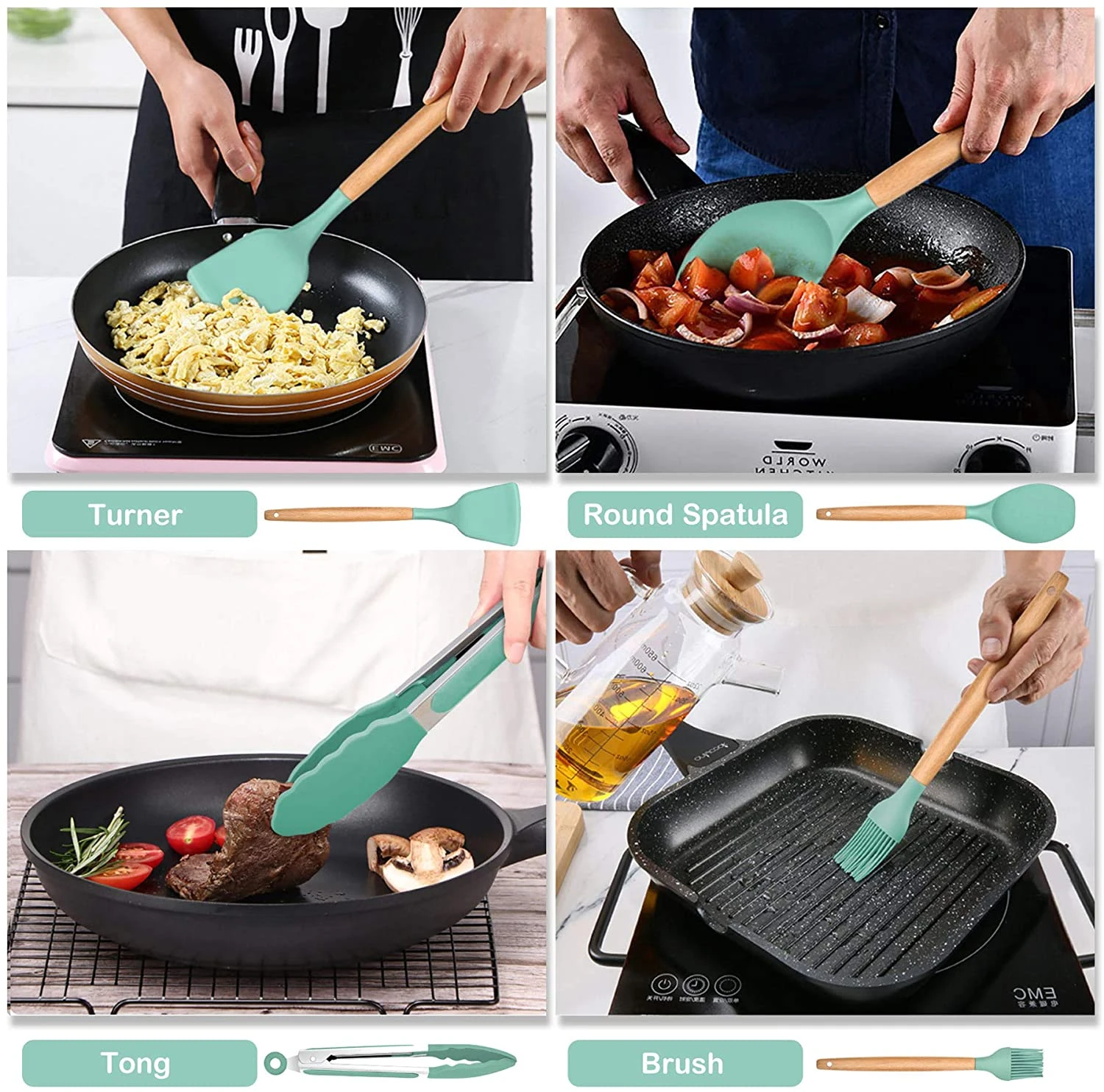 Luxury silicone Cooking Utensil kitchenware set home and kitchen accessories with Wooden Handle