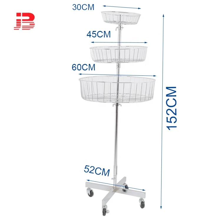 Metal wire display 3 tiers basket rack with stand