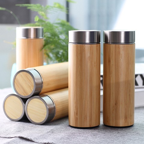 Most Popular 500 ML Custom Logo Bamboo Cover Material Double Walled Water Bottle