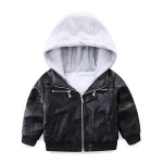 Mudkingdom baby boys winter hooded faux fur PU material with zipper fleece kids jacket