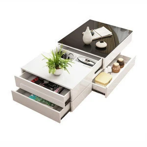 multifunctional 4 drawers and marble top glass coffee table