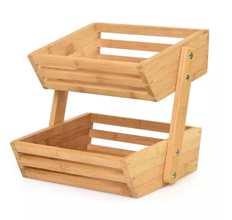 Nature Bamboo Fruit Basket  2 Tier Fruit and Vegetable Storage Stand for Kitchen Countertop Solid Design and Breathable