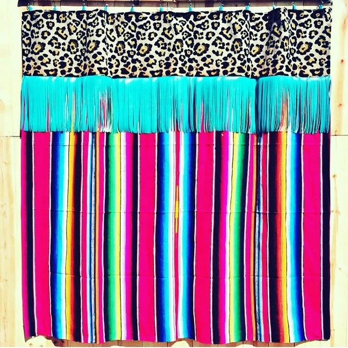 New Fashion Rainbow Leopard Stitching Tassel Shower Curtains