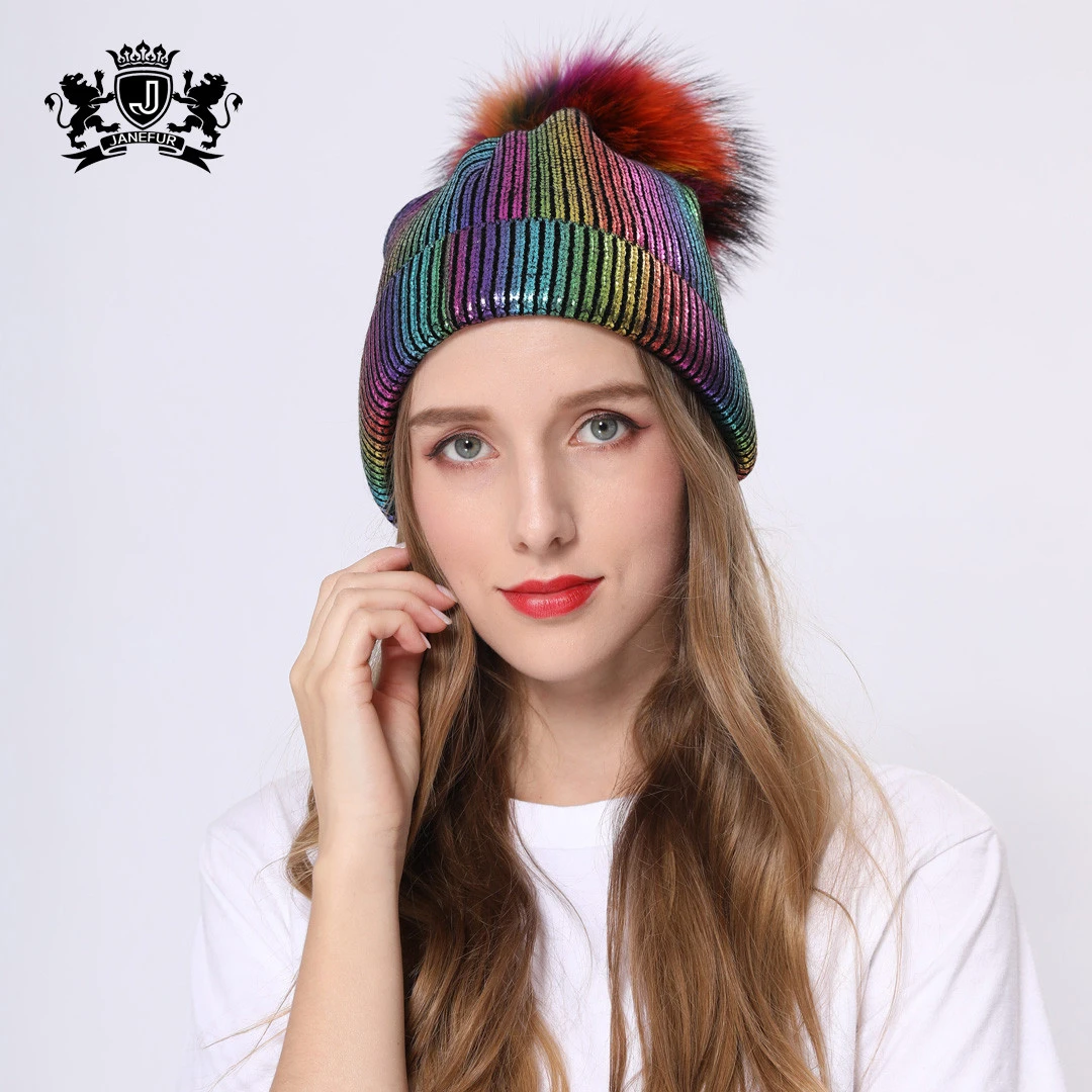 New Women Fashion Beanie Autumn Winter Caps Female Knit Hat Removable Real Raccoon Fur Ball Gilding Sparkling Pompom Winter Hats
