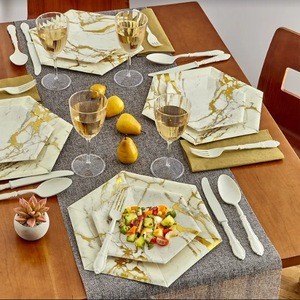 PARTY DISPOSABLE /36 PC DINNERWARE SET /18 Dinner Plates /18 Side Plates /Hexagon Design/ Marble Collection -Gold