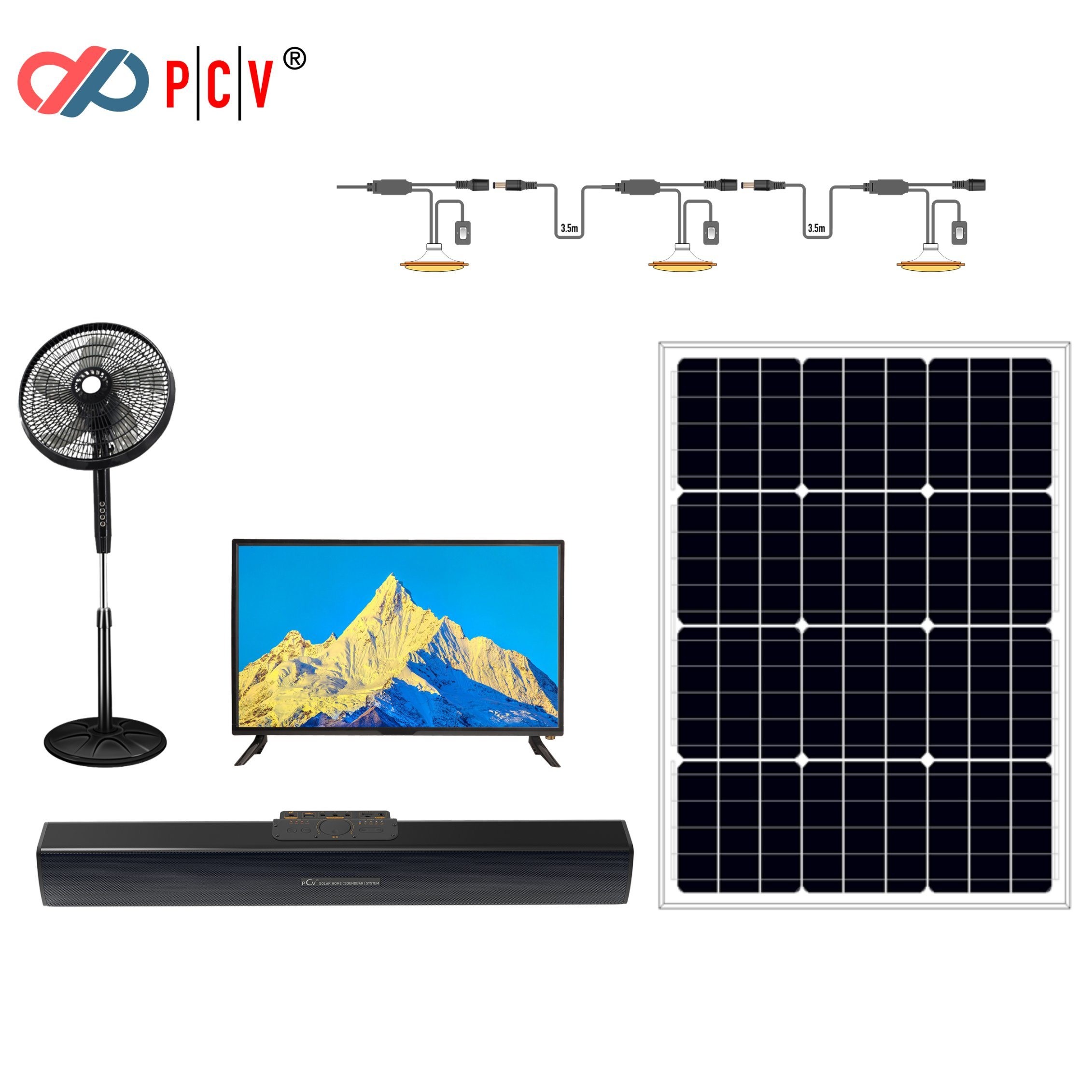 Pcv Solar Soundbar TV System with 12.8V 18ah Solar Energy Storage Soundbar for TV+Fan+LED Lamps+Speaker with 32-Inch 12W Solar TV