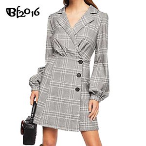 Plaid Grey Long Sleeve V Neck Career Blazer Dress Women Shirt Dress for Office Lady