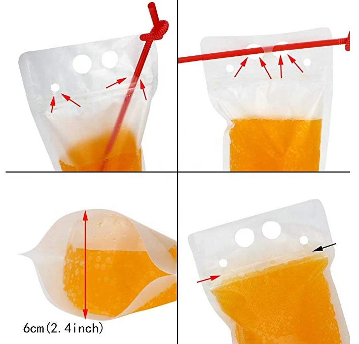 Portable Juicy Drink Bags With Straw Upgraded Stand Up Drink Container Plastic Reclosable Zipper Drink Pouches