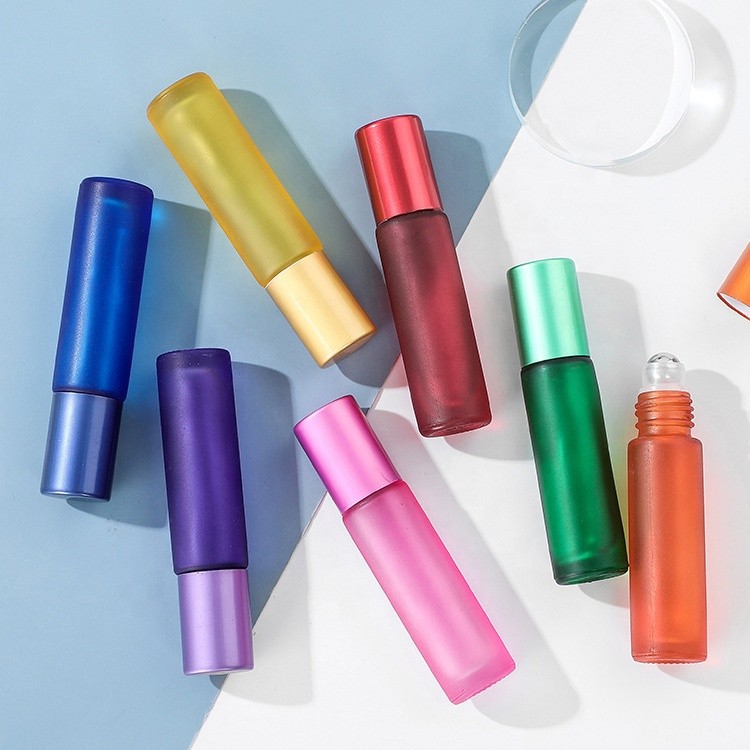Portable Rainbow Colorful Glass Bottles Aluminum Cap Stainless Steel Roller 10ml Roll On Bottle For Essential Oil Perfume