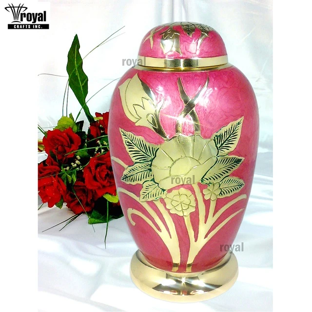 Premium Quality Embossed Flowers Solid Brass Large Cremation Urn in Pink & Shiny Brass