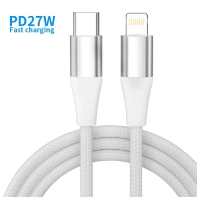 Private Label Factory Multicolors White Silicone USB to Lightning Cable Nylon Braided Pd 27W Type-C to Lightning Cable Fast Charging 5A Mobile Phone Data Cable