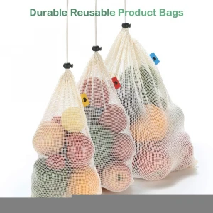 Reusable Produce Bags Organic Cotton Set Mesh Produce Bags with Drawstrings Half Mesh Grocery Tote Bag Zero Waste & Eco-Friendly