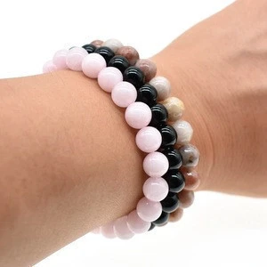 Ruigang 3Pc/set 8MM Black Agate Rhodonite Rose Quartz Beads Wrist Men Women Natural Stone bracelet sets Mala Bracelets