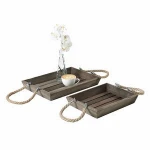 Set of 2 Vintage Style Brown Wood Slatted Nesting Breakfast Serving Tray with Rustic Twisted Rope Handles