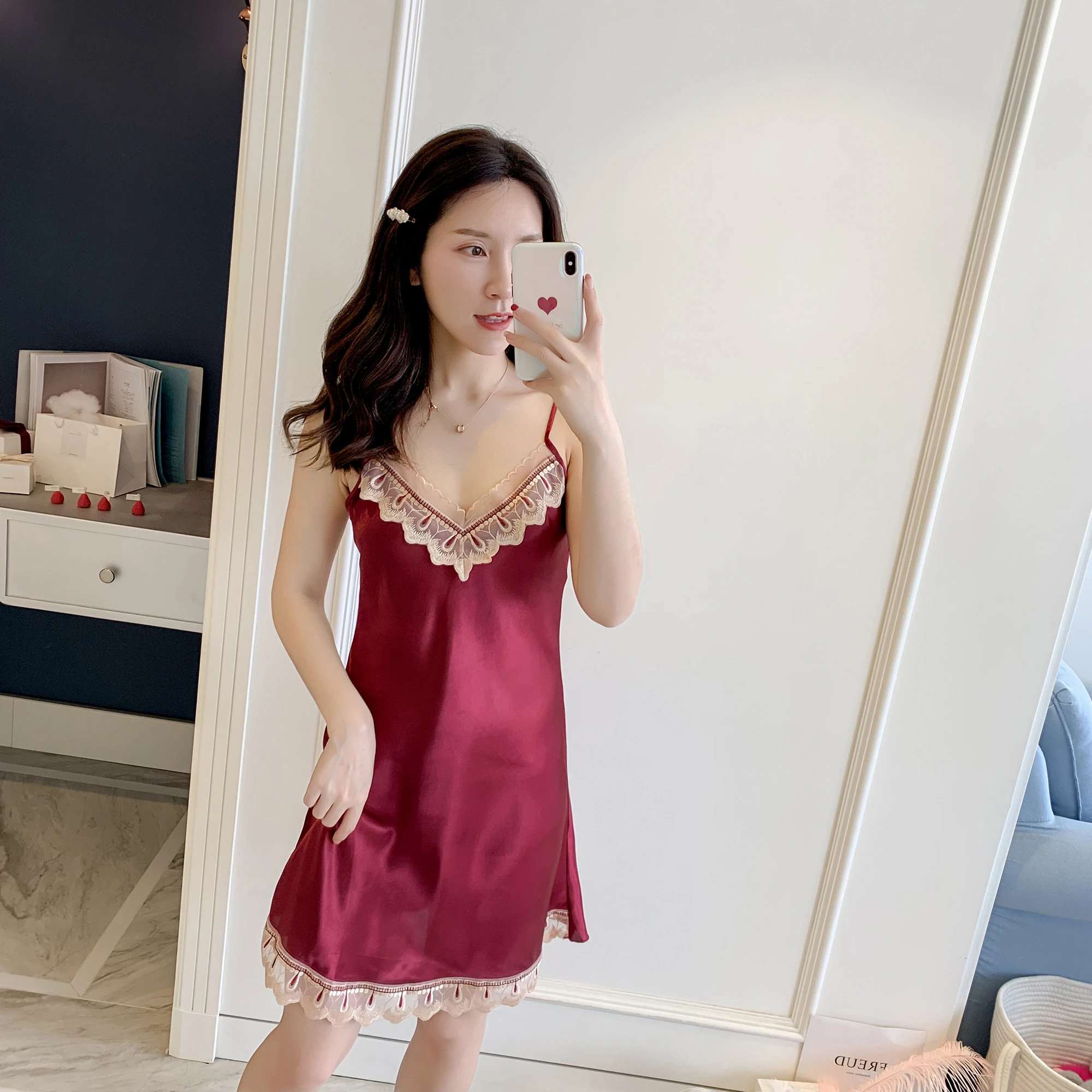 Sexy pajamas female summer ice silk thin contracted lacy skirt sling belt sleep skirt hot temptation wine red home clothes