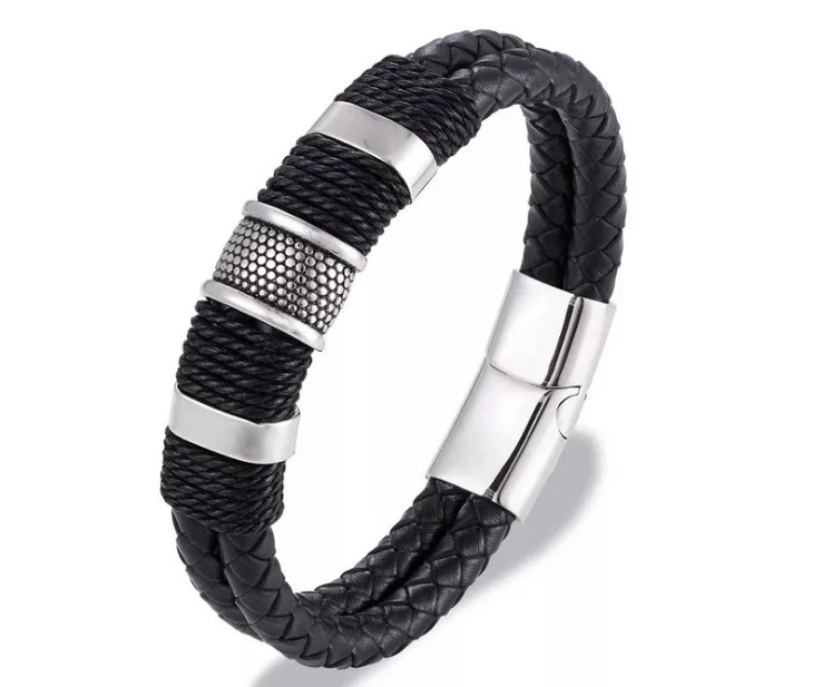 The latestEuropean and American bracelets sell well fashion business mens Stainless Steel Woven Leather Rope Bracelet