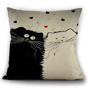The new hand-drawn cartoon cat hold pillow case black and white Home decoration Linen sofa cushion cover Amazon hot style