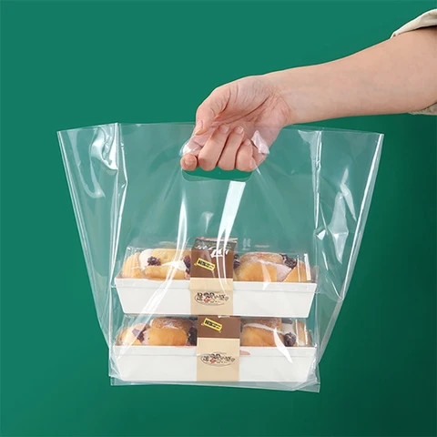 Thick Clear Transparent PE Edge Pocket Clear Carrier Bags Take Away Square Bottom Die Cut Handle PE Plastic Bag for Restaurant