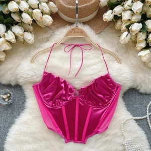 ueteey halter neck  corset camisole 2024 new fashion sleeveless backless lace patch body top beach club
