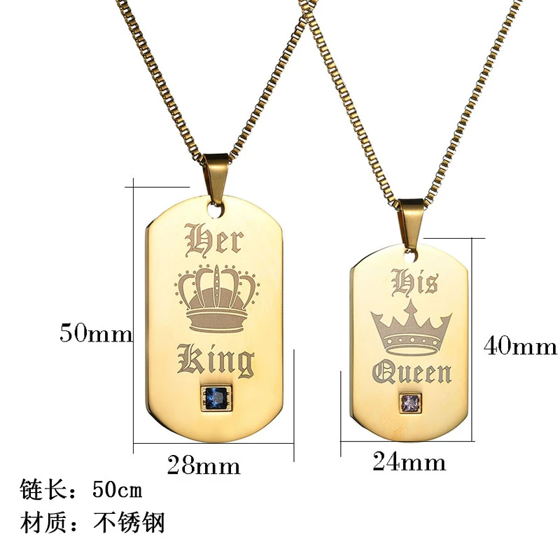 VRIUA RTS Factory Luxury Gold Color Couple Necklaces No Fade Jewelry Her King & His Queen Stainless Steel Pendant Necklace