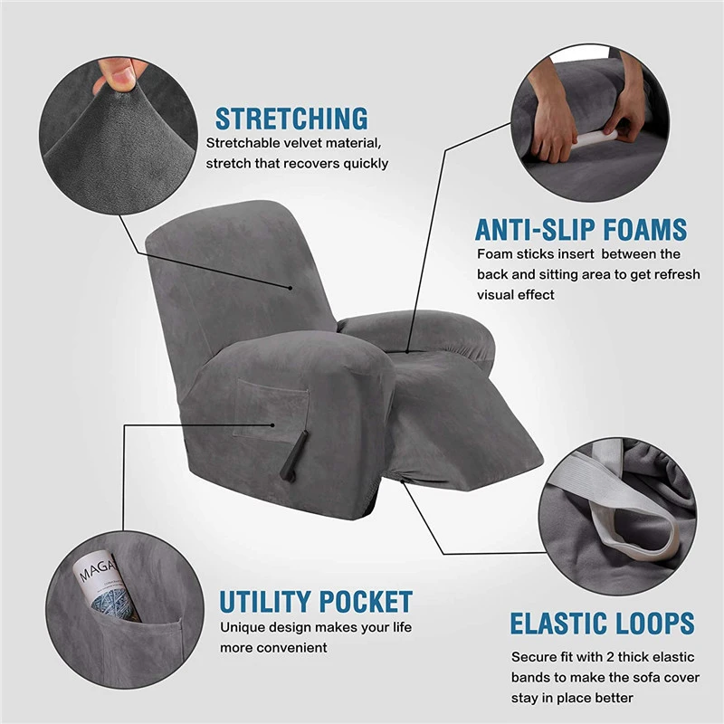 Wholesale New Design Hot Selling Stretch Luxury Velvet 1 Seat 4 Pieces Slipcovers Recliner Cover