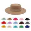 Wholesale New Solid Color Fedora Hat Square Ribbon For Women Wide brim Flat Top Panama Hats Unisex Fashion Felt Party Cowboy Hat