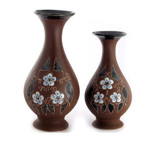 Wholesale Slim Clay Flowers Printed Elegant Ceramic Vase Set of 2