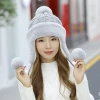 wholesale women acrylic wool winter knitting hat ribbed skully snow hat pom pom hemp beanie with earflap tuque
