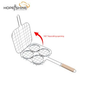 Wooden Handle Heat Insulation Round Stainless Steel Grilled Steak burger Meat Shellfish Seafood Grilled Net BBQ Tools